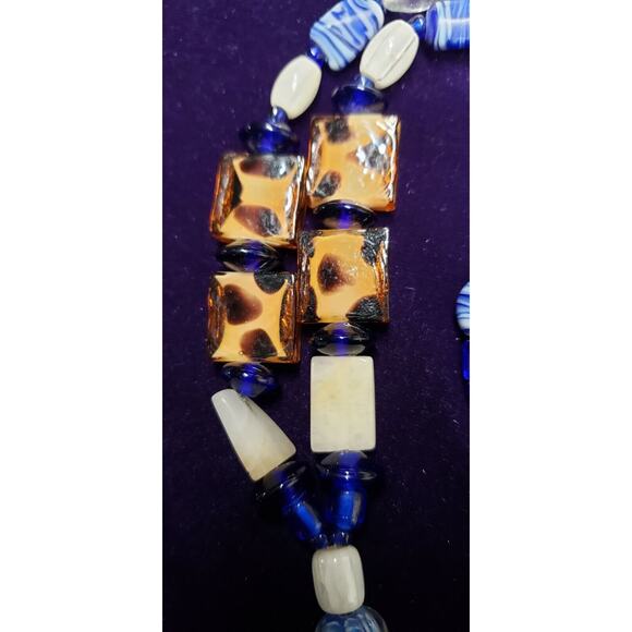 Glass Bead Necklace And Pendant, Blue, White, and Brown, Millefiori, Quartz - Picture 10 of 12
